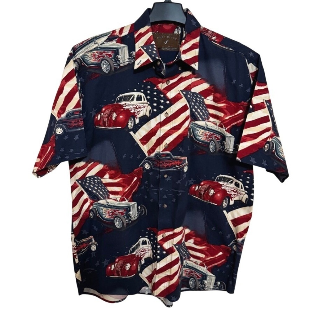 North River Outfitters Button Down Shirt Mens L Hot Rods patriotic USA American